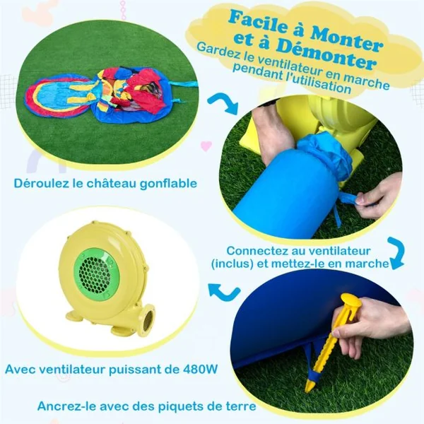 Château Gonflable Enfants avec Toboggan et Souffleur 480W Parc Aquatique avec Piscine et 50 Boules Thème Puzzle Charge Max 90kg 3 Ans+