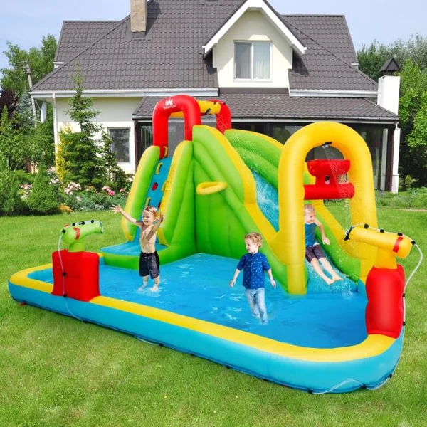 Château Gonflable Grande Aire de Jeux avec Toboggan Pistolet à Eau Piscine en Tissu Oxford, 400x335x230cm, Multicolore (sans Souffleur)
