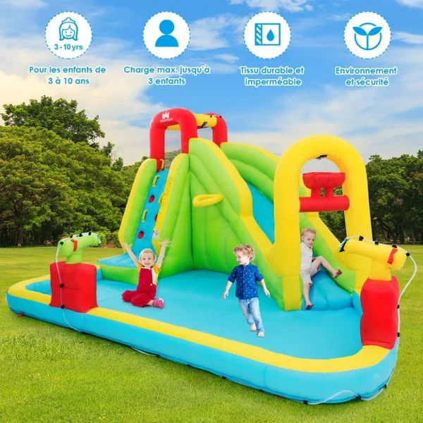 Château Gonflable Grande Aire de Jeux avec Toboggan Pistolet à Eau Piscine en Tissu Oxford, 400x335x230cm, Multicolore (sans Souffleur)