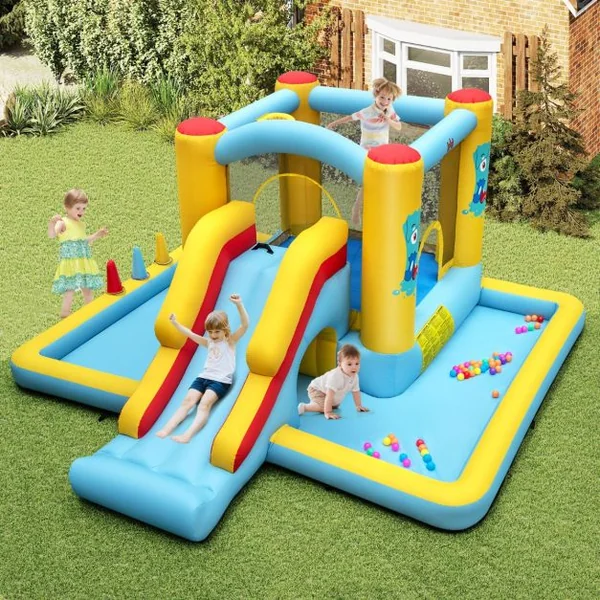 Château Gonflable Géant 7 en 1 pour Enfants avec Toboggan Tunnel Panier de Basket Jeu de Lancer d'Anneaux Souffleur Non Inclus