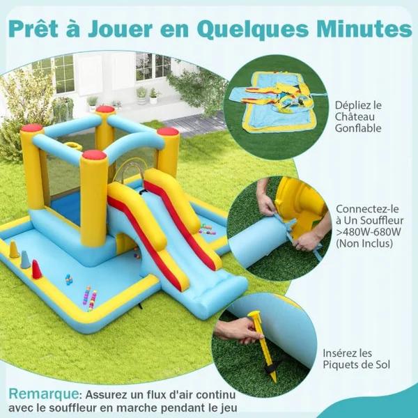 Château Gonflable Géant 7 en 1 pour Enfants avec Toboggan Tunnel Panier de Basket Jeu de Lancer d'Anneaux Souffleur Non Inclus