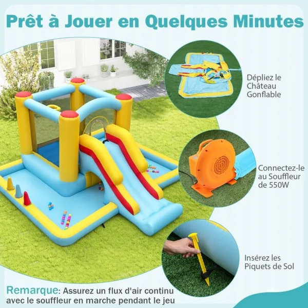 Château Gonflable Géant 7 en 1 pour Enfants avec Toboggan Tunnel Panier de Basket Jeu de Lancer d'Anneaux Souffleur Non Inclus