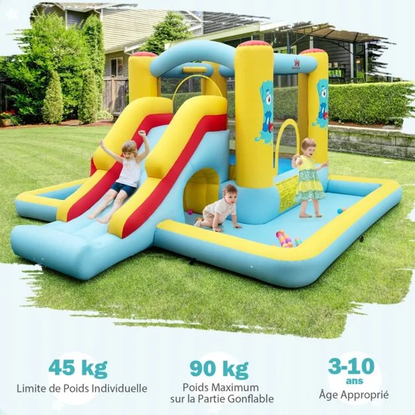 Château Gonflable Géant 7 en 1 pour Enfants avec Toboggan Tunnel Panier de Basket Jeu de Lancer d'Anneaux Souffleur Non Inclus
