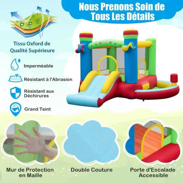 Château Gonflable Musical pour Enfants avec Toboggan Aire de Saut Panier de Basket Piscine à Balles et Boxe Bouncer Gonflable