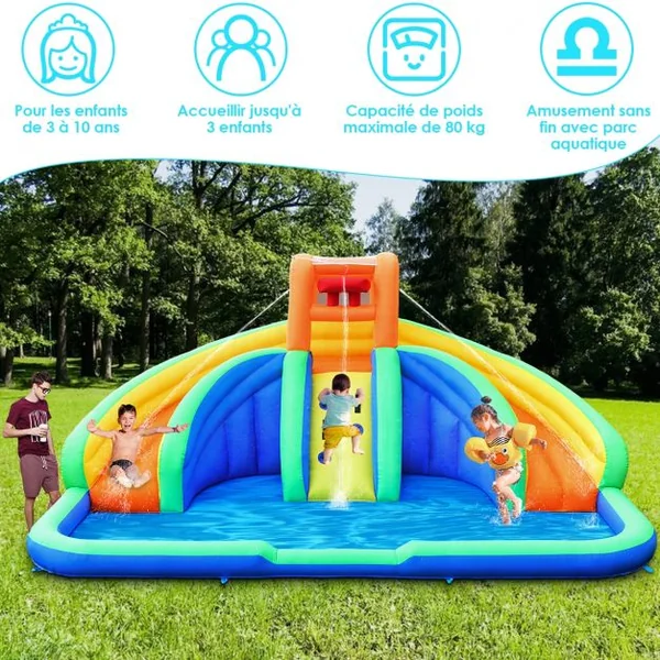 Château Gonflable pour 3 Enfants avec 2 Toboggan Mur d’Escalade Charge 80KG Souffleur Non-Inclus