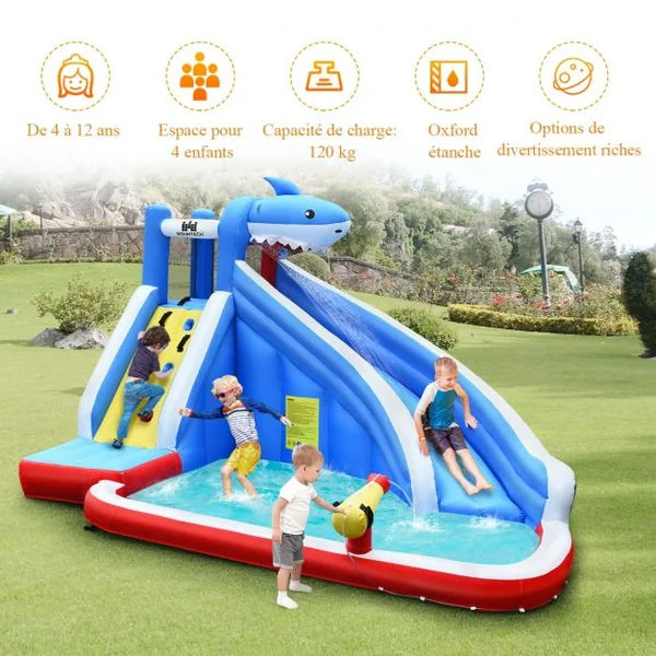 Château Gonflable pour 4 Enfants 4-12 Ans Piscine Mur d’Ecalade Tuyau Charge Max 120 KG (Souffleur non inclus)