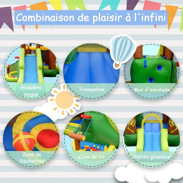 Château Gonflable pour Enfant 3-10 Ans avec Double Toboggan Capacité135kg en Tissu Oxford 388x343x228,5cm Multicolore