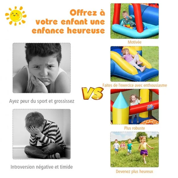 Château Gonflable pour Enfant 3-10 Ans avec Toboggan Ballons Capacité135kg en Tissu Oxford 300x280x210cm Multicolore