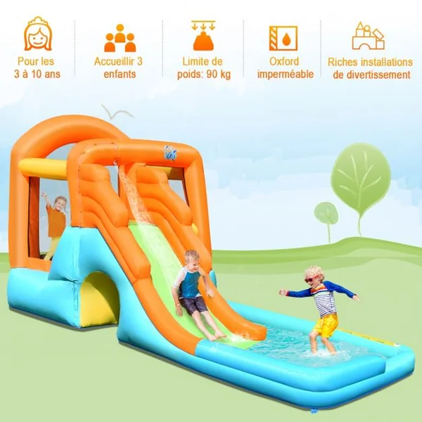 Château Gonflable pour Enfant 3-10 Ans Toboggan Aire de Saut Capacité 90kg en Tissu Oxford 490x225x240cm Multicolore