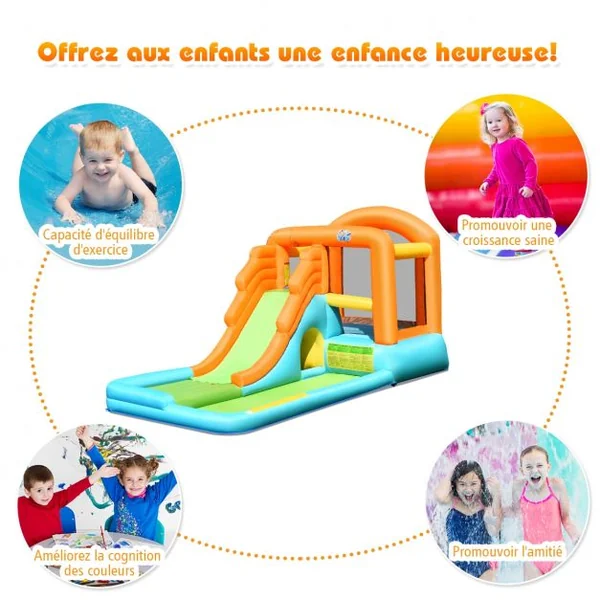 Château Gonflable pour Enfant 3-10 Ans Toboggan Aire de Saut Capacité 90kg en Tissu Oxford 490x225x240cm Multicolore