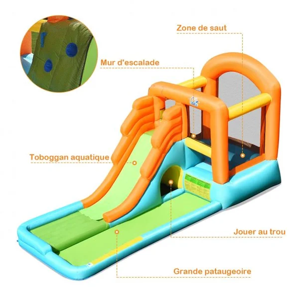 Château Gonflable pour Enfant 3-10 Ans Toboggan Aire de Saut Capacité 90kg en Tissu Oxford 490x225x240cm Multicolore