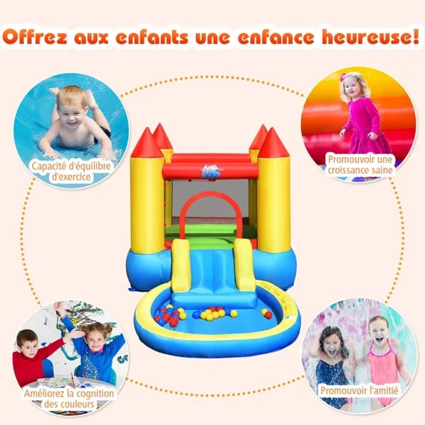 Château Gonflable pour Enfant 3-5 Ans Toboggan Aire de Saut Capacité 90kg en Tissu Oxford 365x200x190cm Multicolore