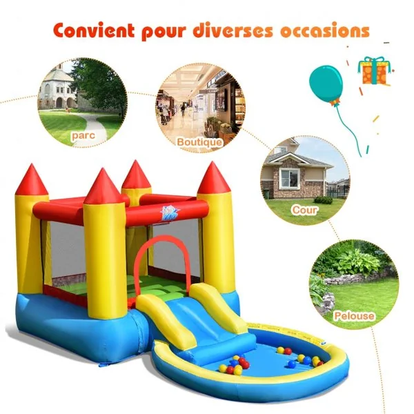 Château Gonflable pour Enfant 3-5 Ans Toboggan Aire de Saut Capacité 90kg en Tissu Oxford 365x200x190cm Multicolore