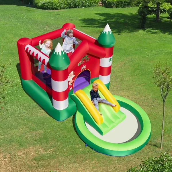 Château Gonflable pour Enfants 3-10 ans sur Thème de Noël avec Toboggan Piscine Rondes à Balles Trampoline avec Gonfleur 480 W