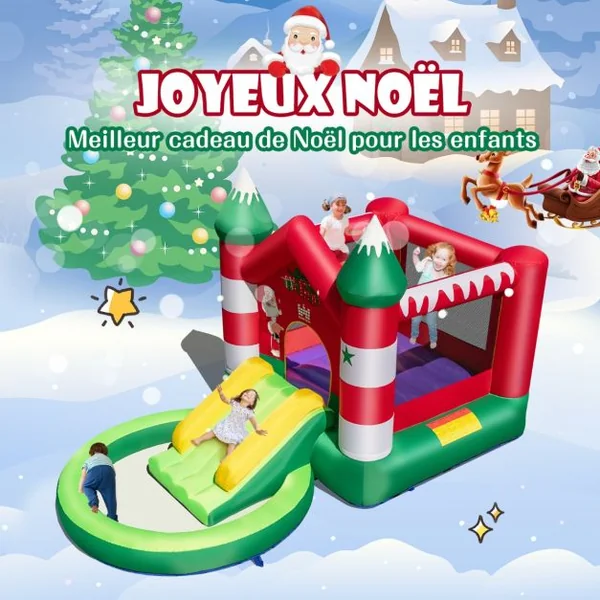 Château Gonflable pour Enfants 3-10 ans sur Thème de Noël avec Toboggan Piscine Rondes à Balles Trampoline avec Gonfleur 480 W