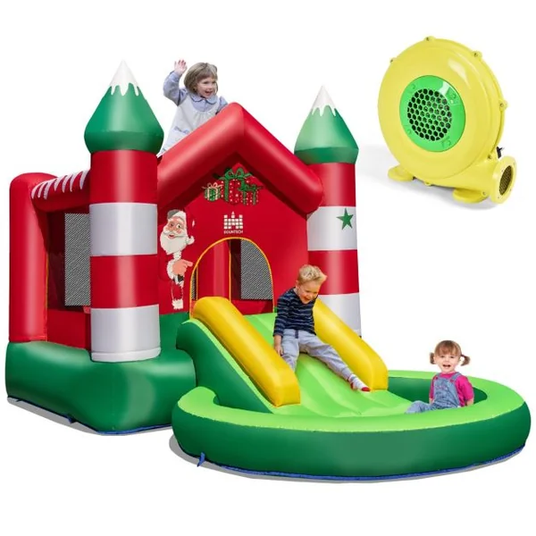 Château Gonflable pour Enfants 3-10 ans sur Thème de Noël avec Toboggan Piscine Rondes à Balles Trampoline avec Gonfleur 480 W