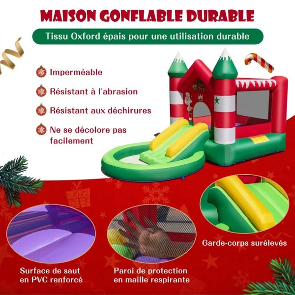 Château Gonflable pour Enfants 3-10 ans sur Thème de Noël avec Toboggan Piscine Rondes à Balles Trampoline avec Gonfleur 480 W