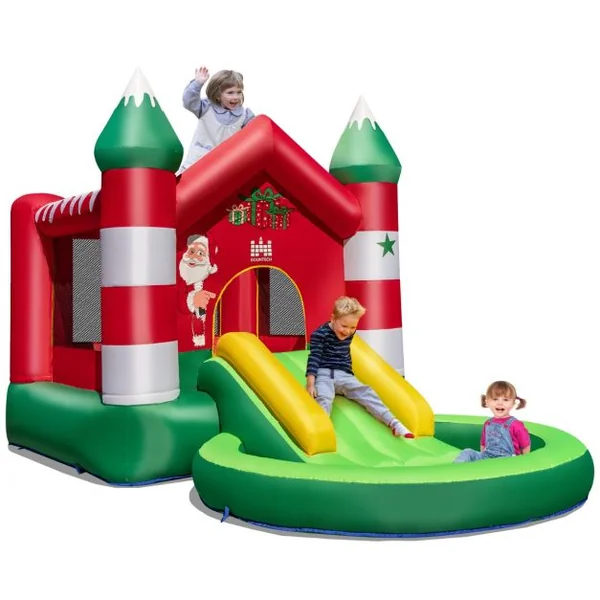 Château Gonflable pour Enfants 3-10 ans sur Thème de Noël avec Toboggan Piscine Rondes à Balles Trampoline sans Gonfleur