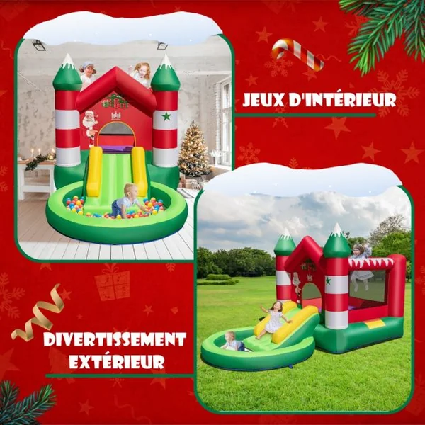 Château Gonflable pour Enfants 3-10 ans sur Thème de Noël avec Toboggan Piscine Rondes à Balles Trampoline sans Gonfleur