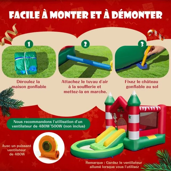 Château Gonflable pour Enfants 3-10 ans sur Thème de Noël avec Toboggan Piscine Rondes à Balles Trampoline sans Gonfleur