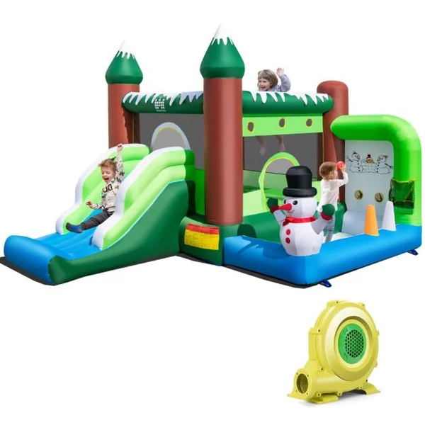 Château Gonflable sur Thème de l'Hiver avec Toboggan Souffleur 735W Panier Lancer d'Anneaux Charge 135kg pour 3 Enfants de 3-10 Ans Vert