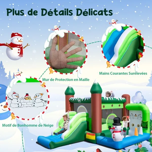 Château Gonflable sur Thème de l'Hiver avec Toboggan Souffleur 735W Panier Lancer d'Anneaux Charge 135kg pour 3 Enfants de 3-10 Ans Vert