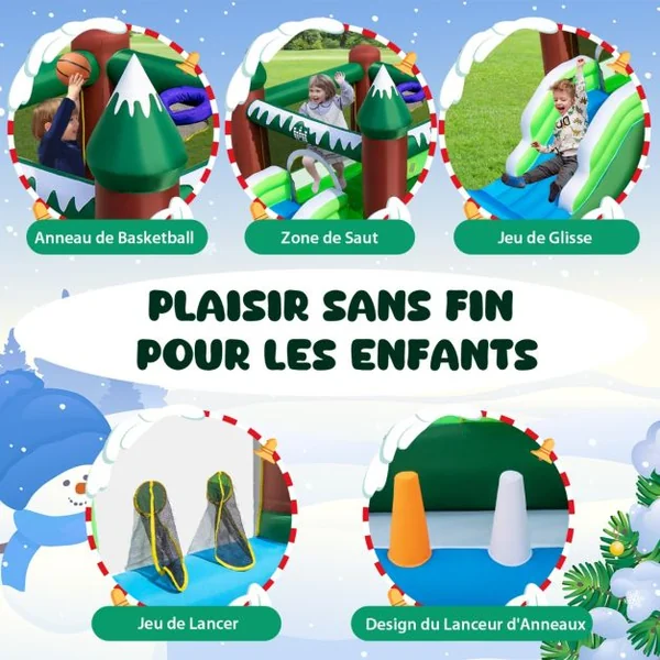 Château Gonflable sur Thème de l'Hiver avec Toboggan Souffleur 735W Panier Lancer d'Anneaux Charge 135kg pour 3 Enfants de 3-10 Ans Vert