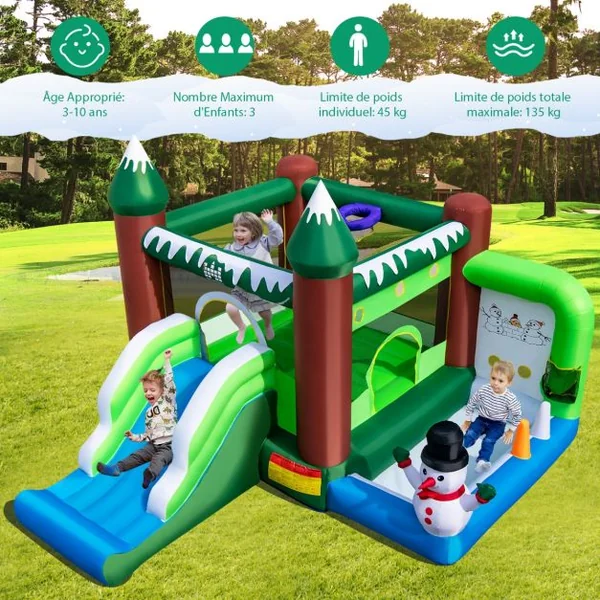 Château Gonflable sur Thème de l'Hiver avec Toboggan Souffleur 735W Panier Lancer d'Anneaux Charge 135kg pour 3 Enfants de 3-10 Ans Vert