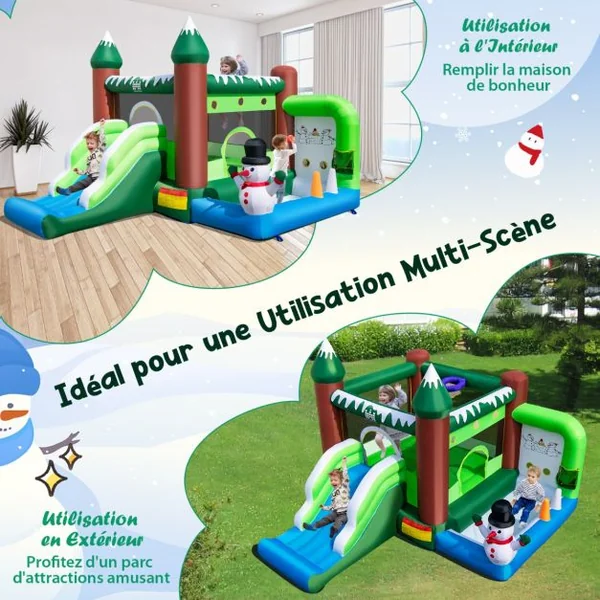 Château Gonflable sur Thème de l'Hiver avec Toboggan Souffleur 735W Panier Lancer d'Anneaux Charge 135kg pour 3 Enfants de 3-10 Ans Vert
