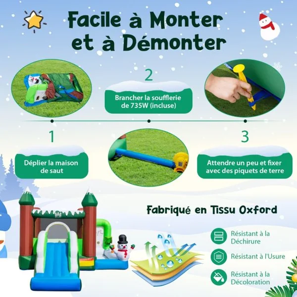 Château Gonflable sur Thème de l'Hiver avec Toboggan Souffleur 735W Panier Lancer d'Anneaux Charge 135kg pour 3 Enfants de 3-10 Ans Vert