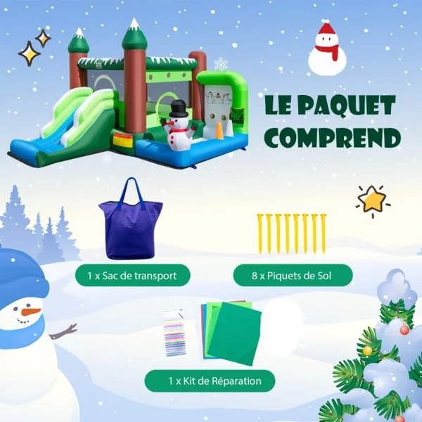 Château Gonflable sur Thème de l'Hiver avec Toboggan Souffleur 735W Panier Lancer d'Anneaux Charge 135kg pour 3 Enfants de 3-10 Ans Vert