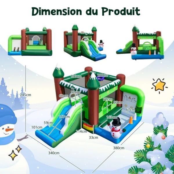 Château Gonflable sur Thème de l'Hiver avec Toboggan Souffleur 735W Panier Lancer d'Anneaux Charge 135kg pour 3 Enfants de 3-10 Ans Vert