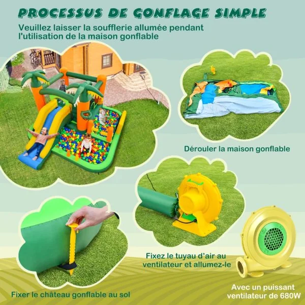 Château Gonflable Tropical 8 en 1 avec Toboggan Maison de Saut Gonflable avec 50 Balles Océaniques 2 Piscines à Balles Charge 180 kg