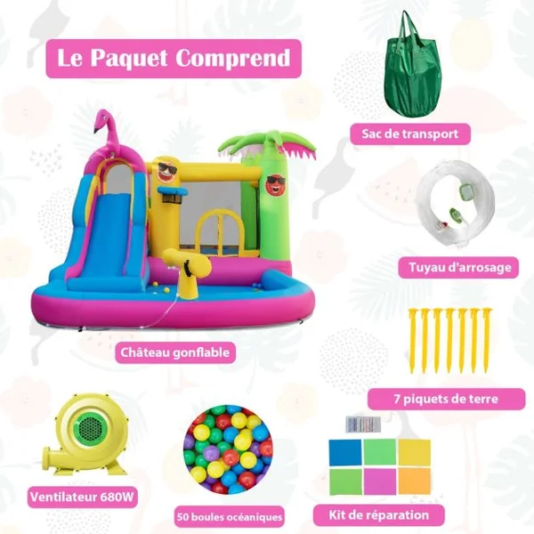 Château Gonflable Tropicale avec Ventilateur 680W 50 Balles Océaniques