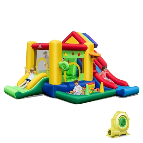 Château Gonflable à Thème Arc-en-ciel 7 en 1 avec Ventilateur Double Toboggans Piscine à Balles Panier de Basket Charge 90kg