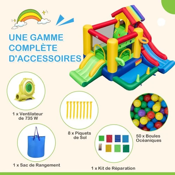 Château Gonflable à Thème Arc-en-ciel 7 en 1 avec Ventilateur Double Toboggans Piscine à Balles Panier de Basket Charge 90kg