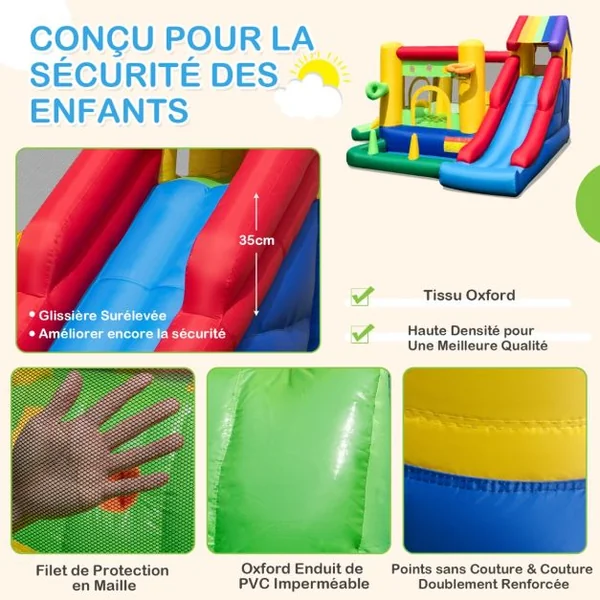 Château Gonflable à Thème Arc-en-ciel 7 en 1 avec Ventilateur Double Toboggans Piscine à Balles Panier de Basket Charge 90kg