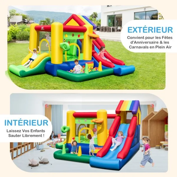 Château Gonflable à Thème Arc-en-ciel 7 en 1 avec Ventilateur Double Toboggans Piscine à Balles Panier de Basket Charge 90kg