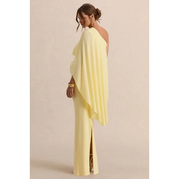 Cicely | Robe longue de maternité citron à encolure asymétrique avec manche cape