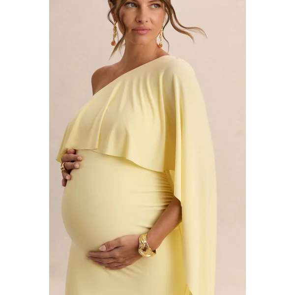 Cicely | Robe longue de maternité citron à encolure asymétrique avec manche cape