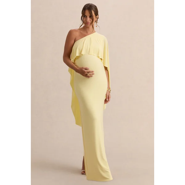 Cicely | Robe longue de maternité citron à encolure asymétrique avec manche cape