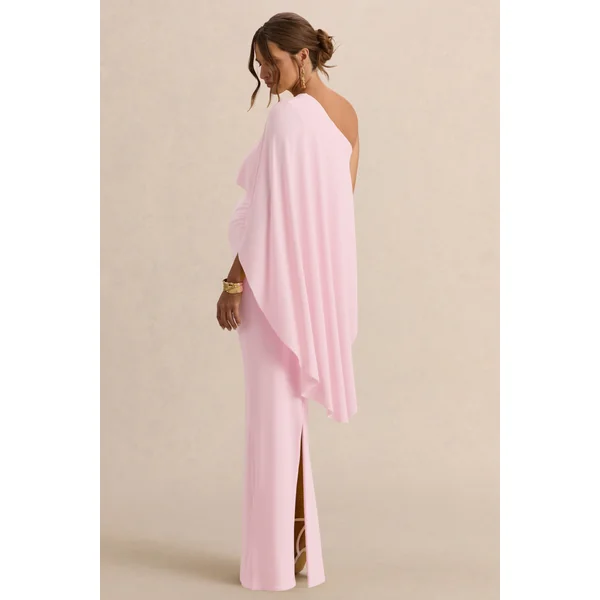 Cicely | Robe longue de maternité rose clair à encolure asymétrique avec manche cape