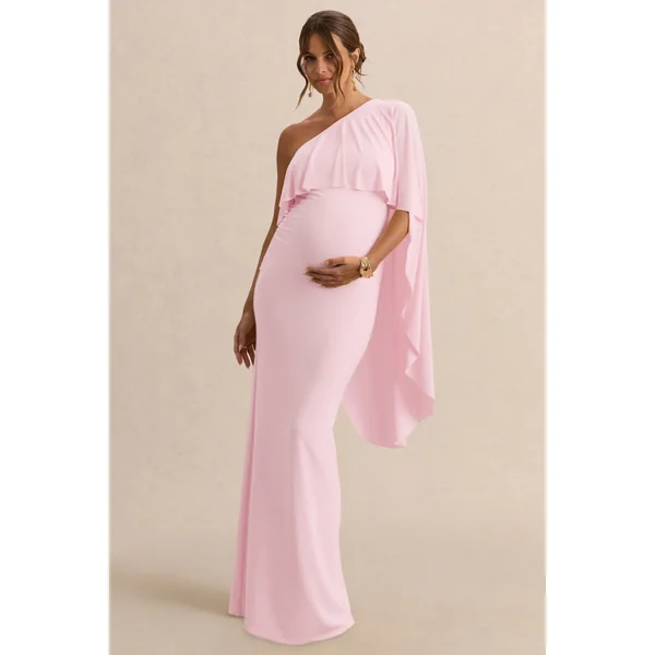 Cicely | Robe longue de maternité rose clair à encolure asymétrique avec manche cape