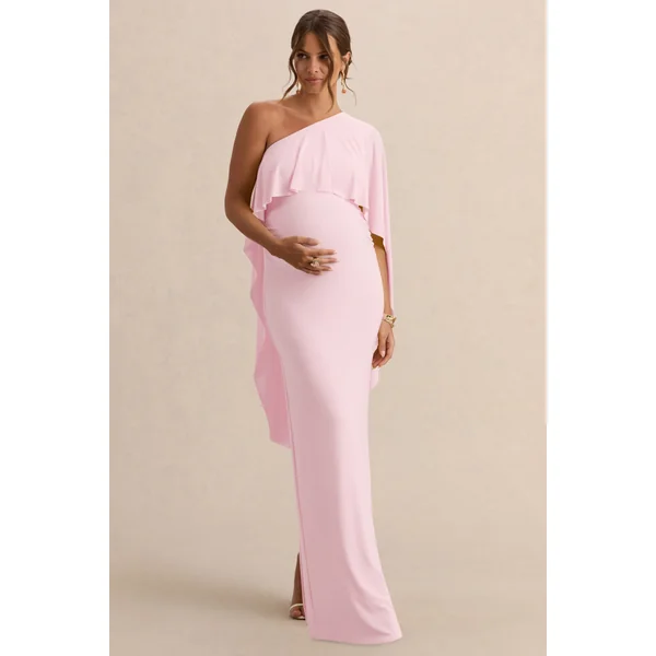Cicely | Robe longue de maternité rose clair à encolure asymétrique avec manche cape