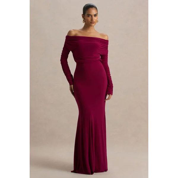 Cilla | Robe longue bordeaux à encolure Bardot avec détails froncés