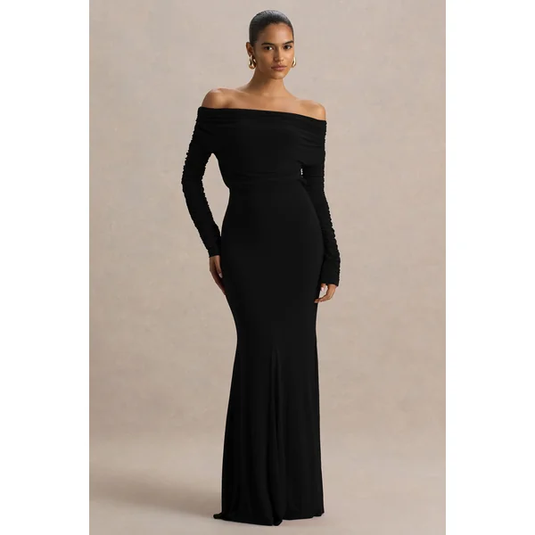 Cilla | Robe longue noire à encolure Bardot et détails froncés