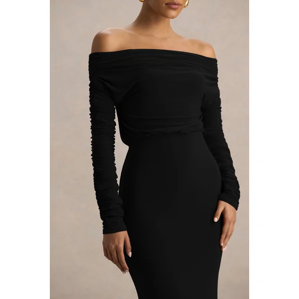 Cilla | Robe longue noire à encolure Bardot et détails froncés