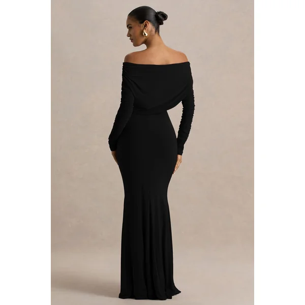 Cilla | Robe longue noire à encolure Bardot et détails froncés
