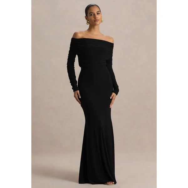 Cilla | Robe longue noire à encolure Bardot et détails froncés