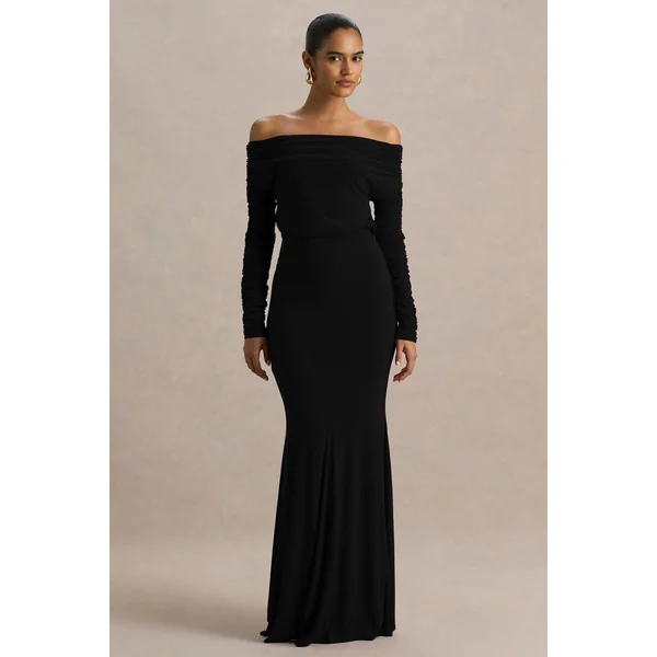 Cilla | Robe longue noire à encolure Bardot et détails froncés